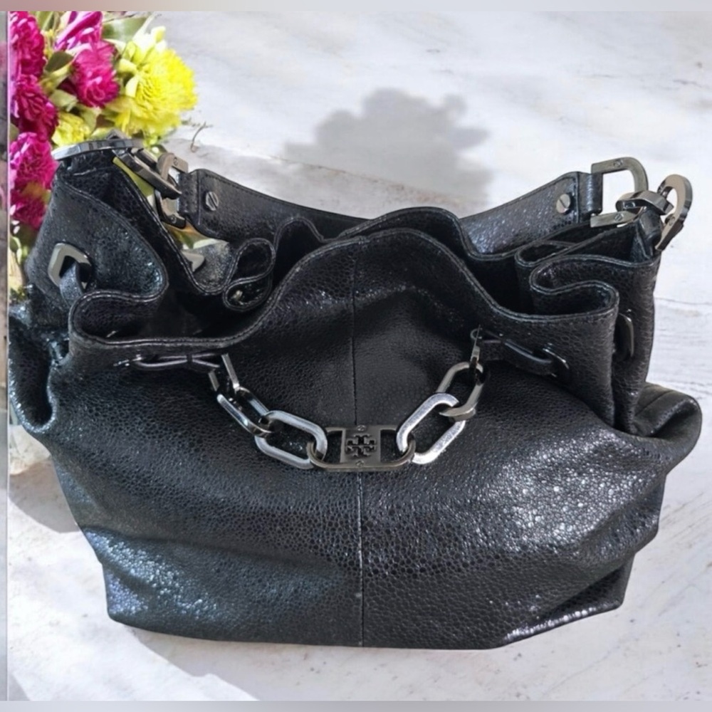 EUC Tory Burch Large Natalya Hobo Black Leather Snake/Bag - Picture 10 of 11